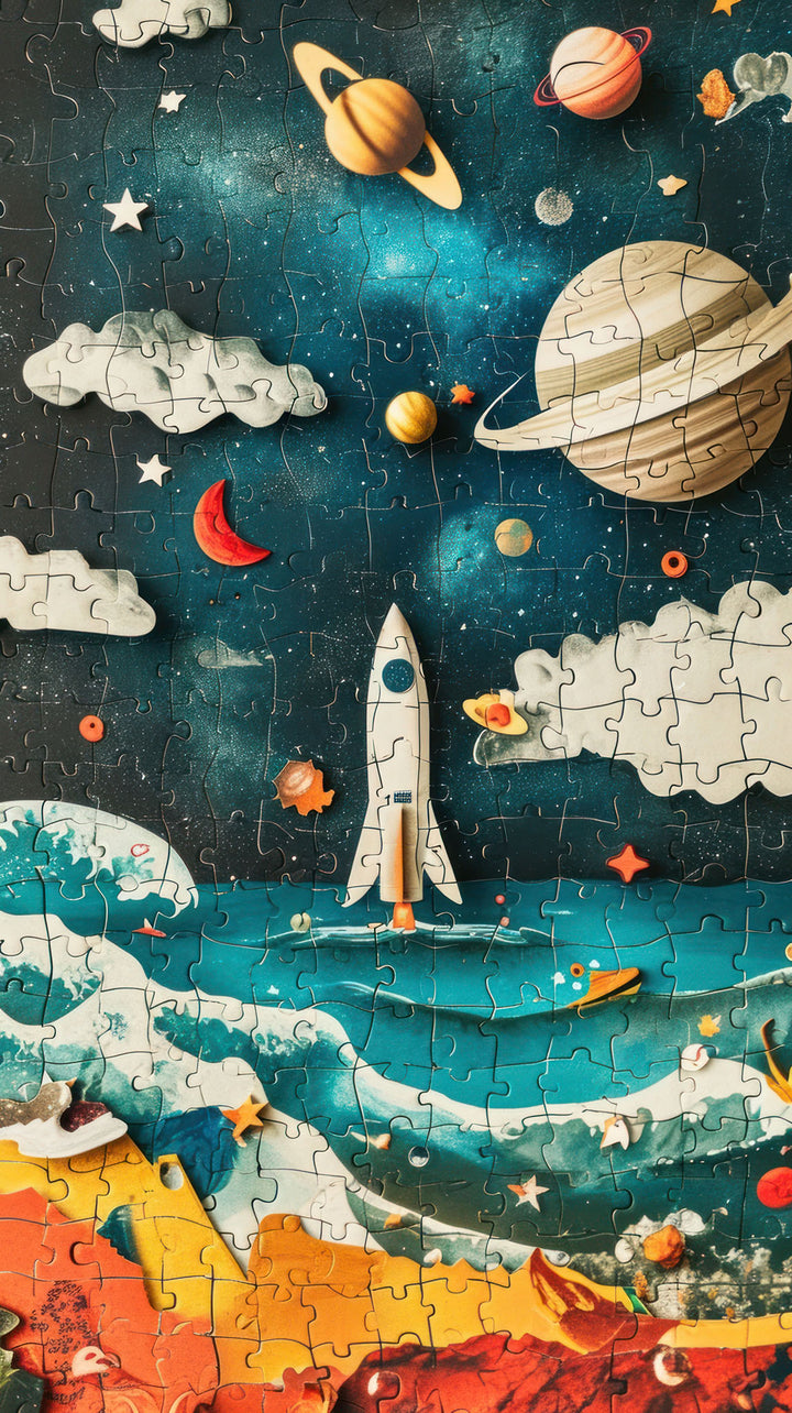 Wadi Home Outer Space Rocket Adventure Puzzle featuring a rocket, planets, stars, and nebulae in a vibrant night sky over colorful waves. Framed or canvas options available.