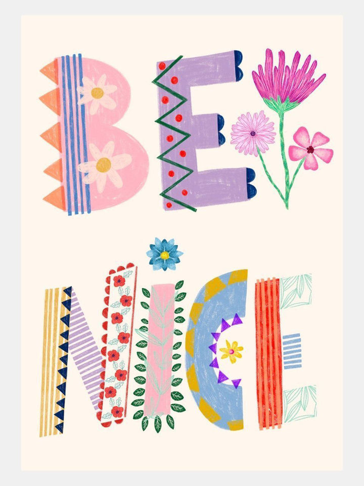 Wadi Home Be Nice typography art print with colorful, patterned letters and floral accents, perfect for a child's room.