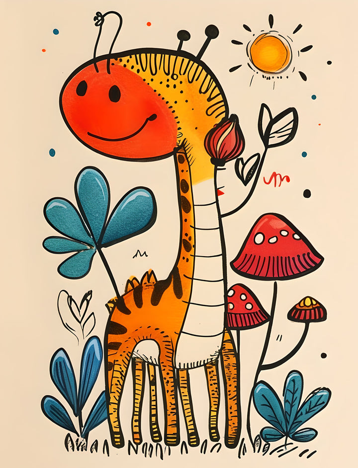 Wadi Home Whimsical giraffe and mushroom art print for kids' room. Features a smiling giraffe with orange and black stripes, surrounded by red mushrooms and blue leaves.