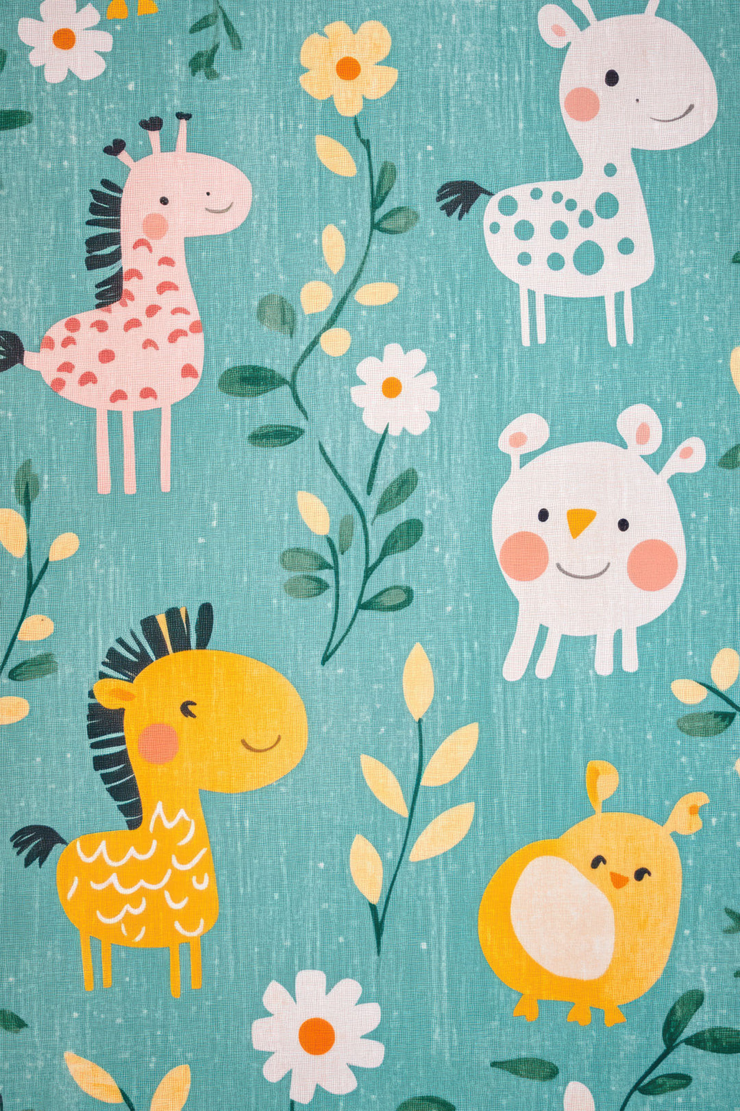 Wadi Home whimsical safari animal nursery art print with giraffes, hippos, and birds on a teal background with floral accents.