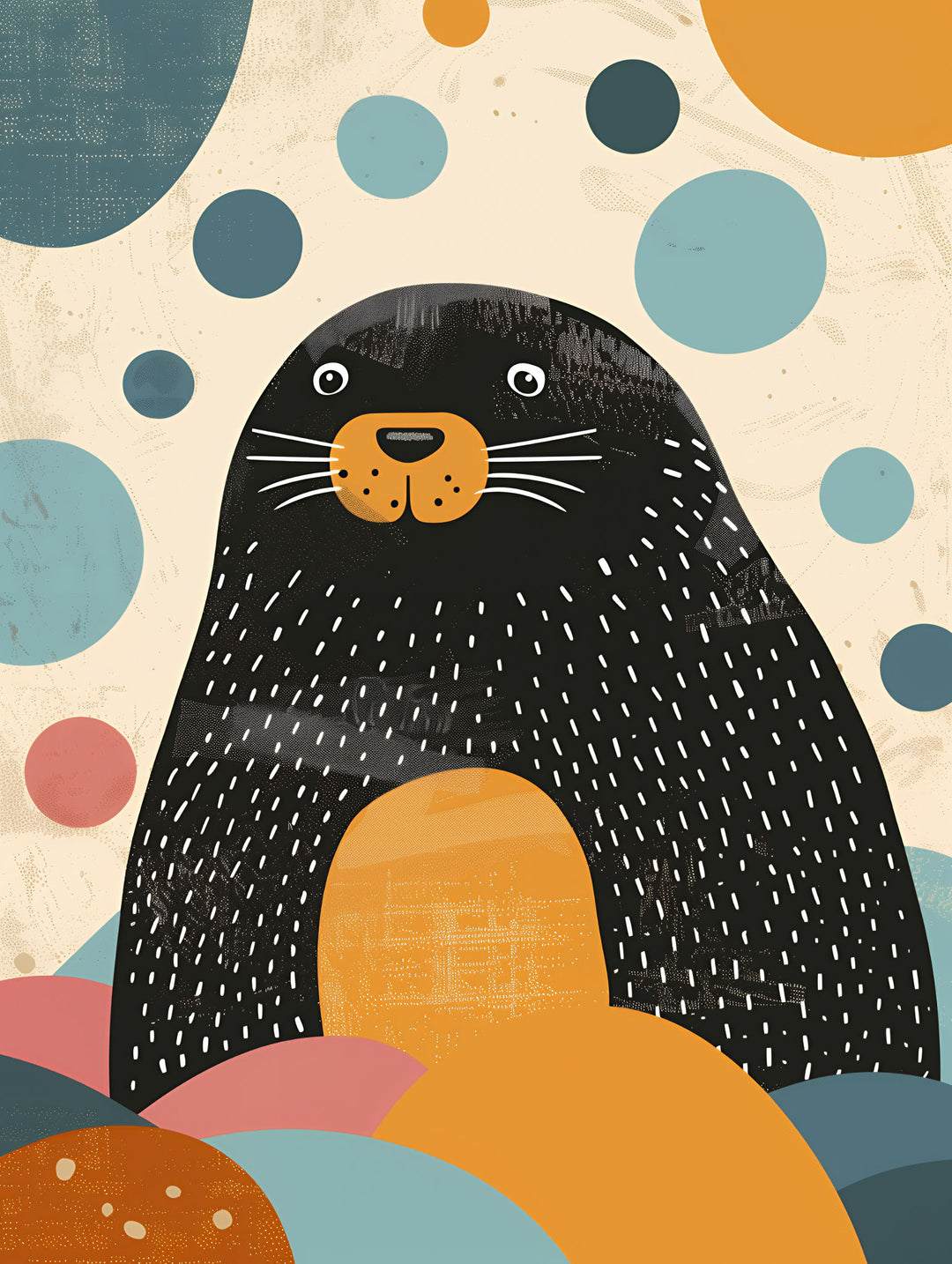 Wadi Home whimsical seal and bubbles wall art, featuring a black seal with white speckles and orange accents, surrounded by abstract blue and pink bubbles. Modern graphic style, perfect for a child's room.