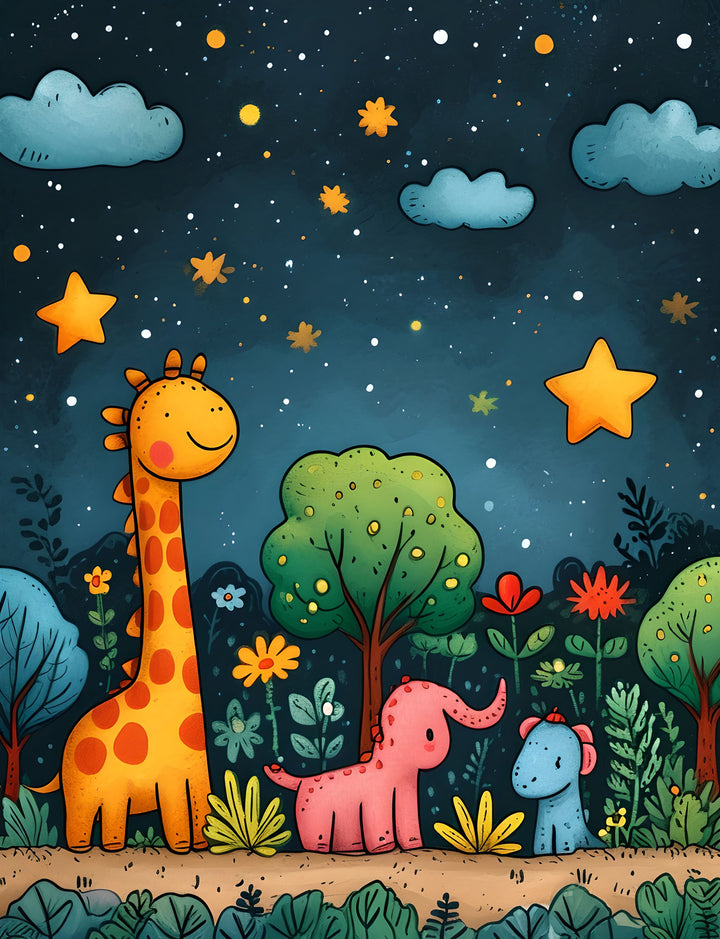 Wadi Home whimsical woodland animals night sky nursery art featuring a giraffe, elephant, and piglet under a starry sky. Watercolor style.