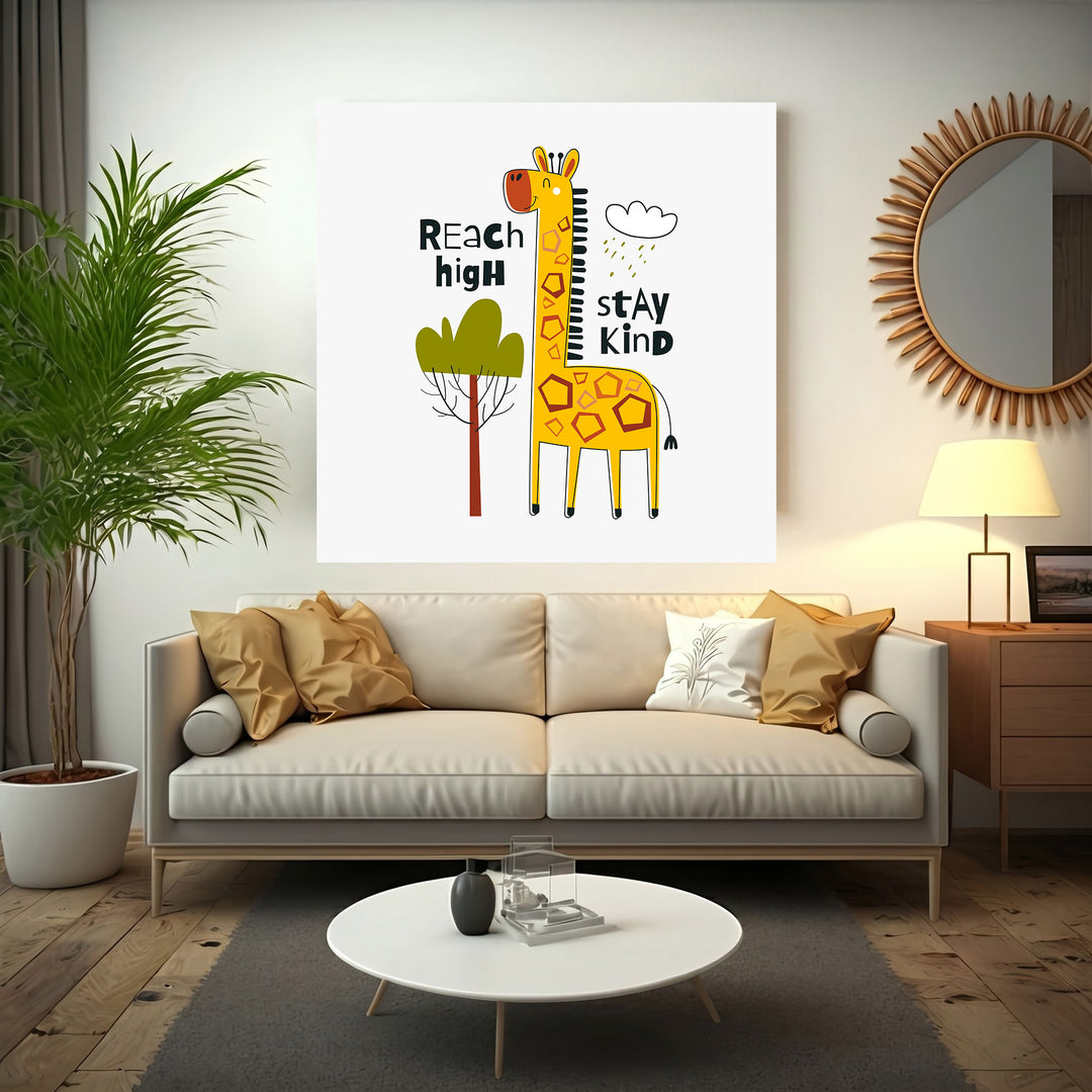 Wadi Home yellow giraffe wall art with 'Reach High, Stay Kind' text and a tree, perfect for nursery decor.
