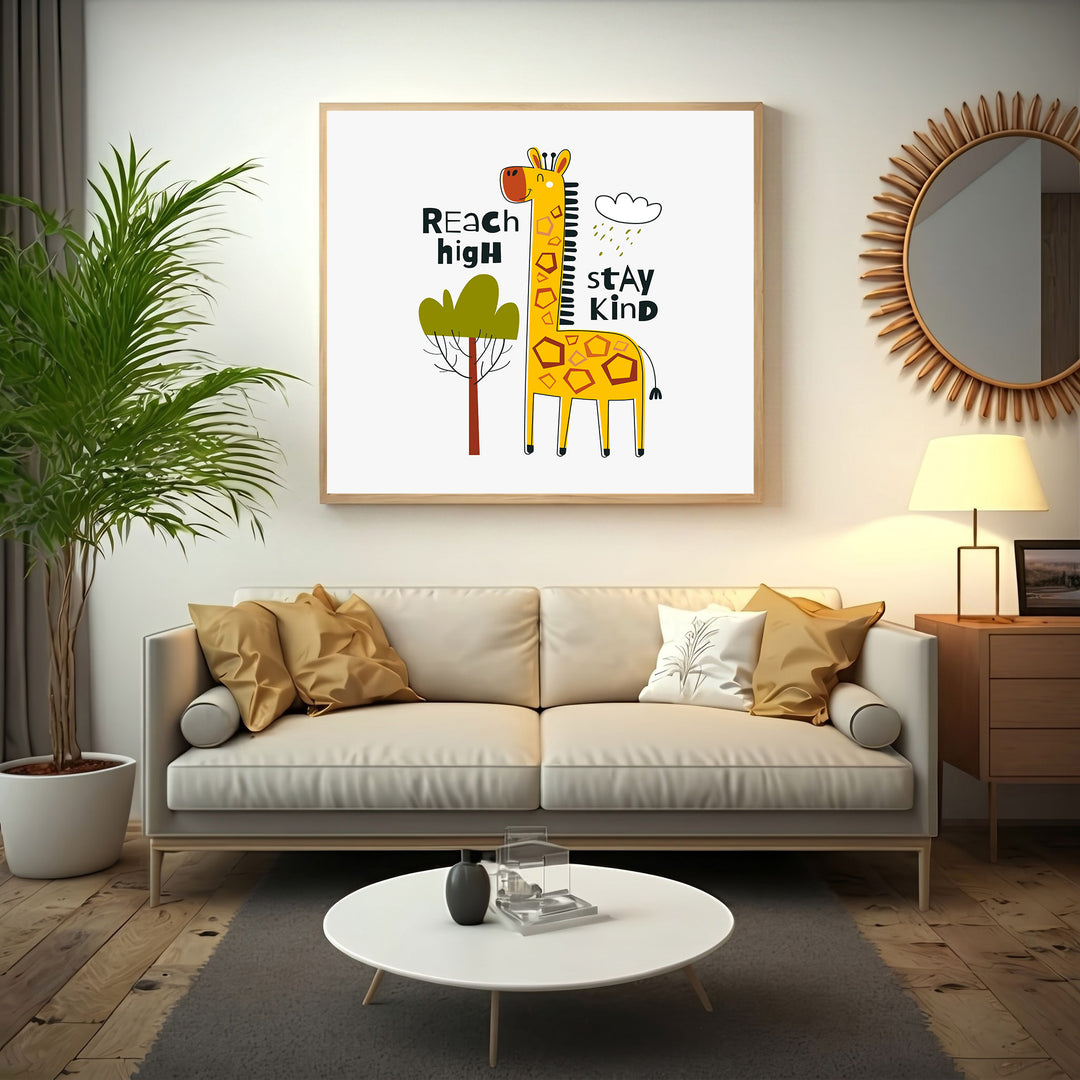 Wadi Home framed yellow giraffe art with 'Reach High, Stay Kind' text and cloud detail, perfect for nursery.