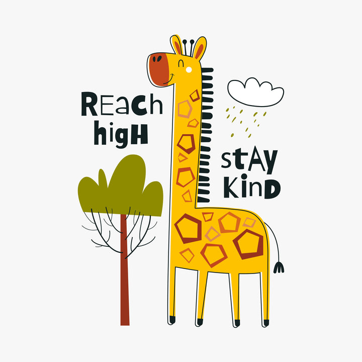 Wadi Home yellow giraffe wall art with 'Reach High, Stay Kind' text and a tree, perfect for nursery decor.