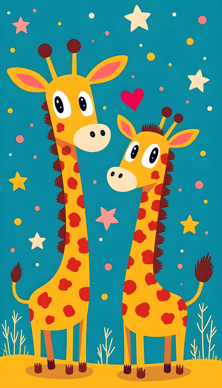 Wadi Home Cute Giraffe Family Wall Art, featuring two yellow giraffes with red spots on a teal background with stars and hearts.