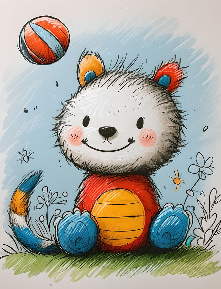 Wadi Home cartoon bear playing with a ball wall art for kids' room. Features a white bear with red and blue accents, sitting on grass with flowers.