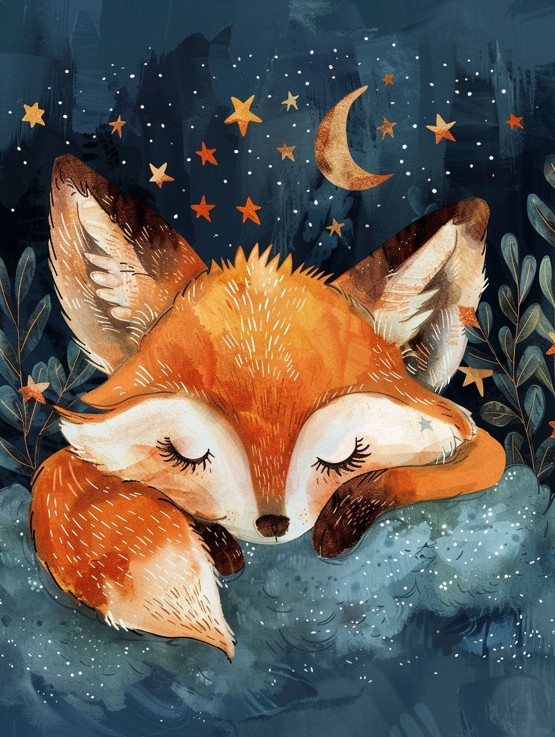 Wadi Home sleeping fox under starry night sky wall art, featuring a fox on a cloud with a crescent moon.