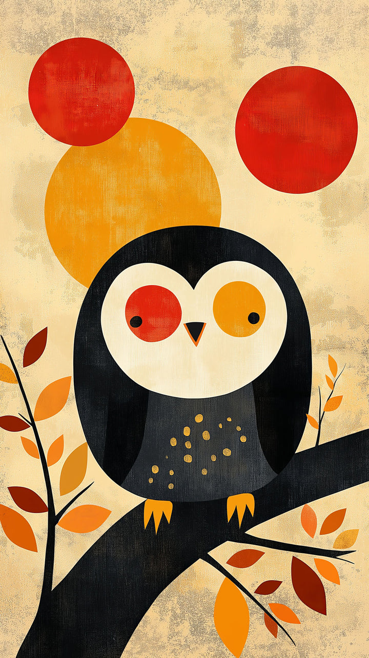 Wadi Home whimsical owl art print on a branch with red and orange circles in a child's room.