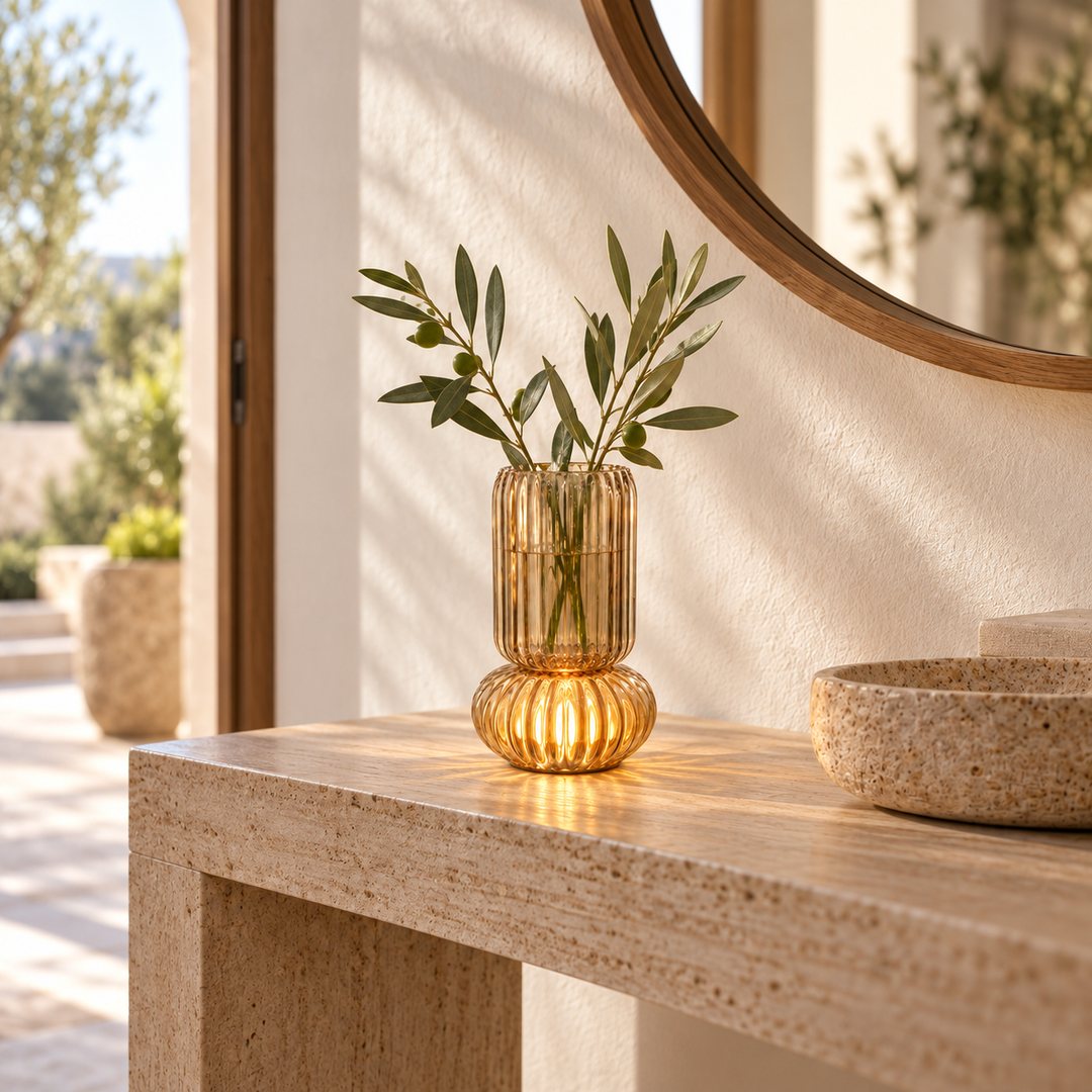 Ribbed amber glass vase holding leafy stems on a stone console table