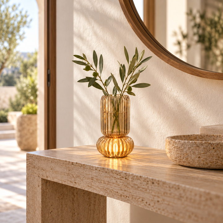 Ribbed amber glass vase holding leafy stems on a stone console table