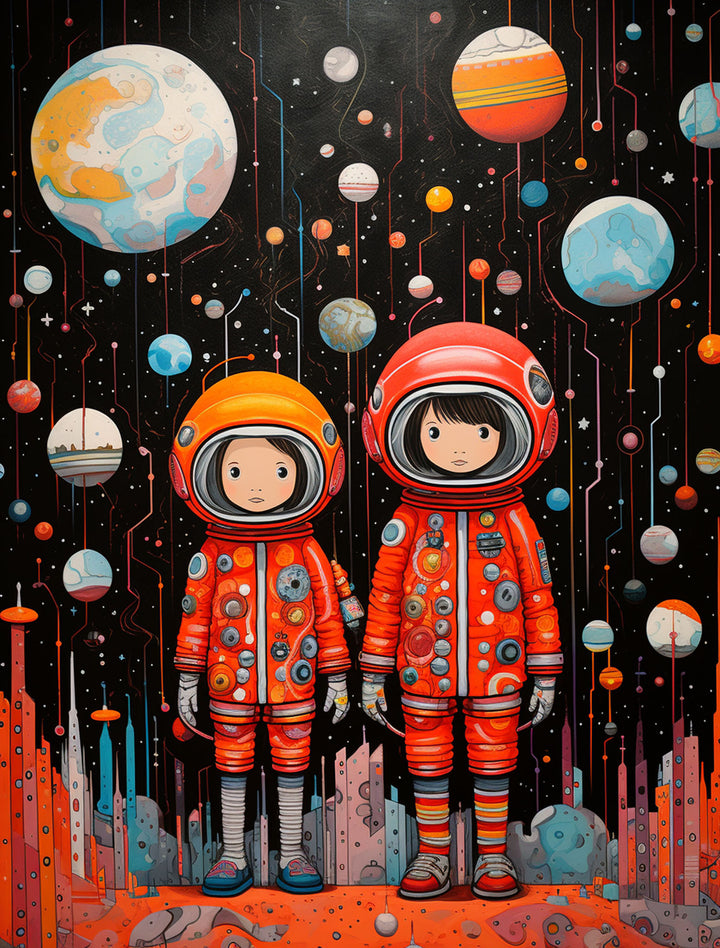 Wadi Home artwork featuring two astronauts in orange suits exploring a galaxy with planets and stars. Ideal for kids' rooms.