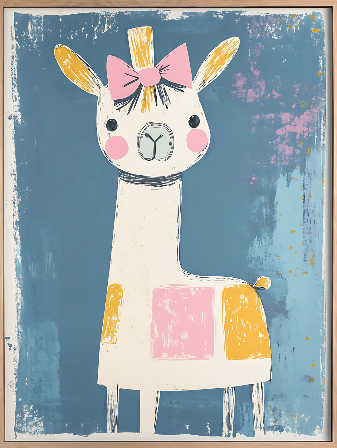 Wadi Home cute llama wall art with pink bow and textured blue background, perfect for nursery decor.