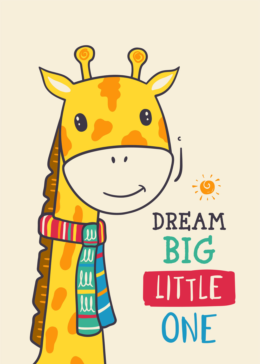 Wadi Home Dream Big Little One giraffe wall art with colorful scarf and uplifting message for nursery.
