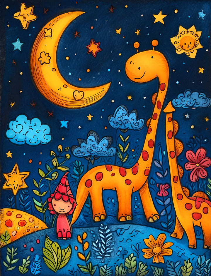 Wadi Home Whimsical Giraffe Moon Nursery Art featuring two orange giraffes, a crescent moon, stars, and a gnome on a dark blue background with floral elements.