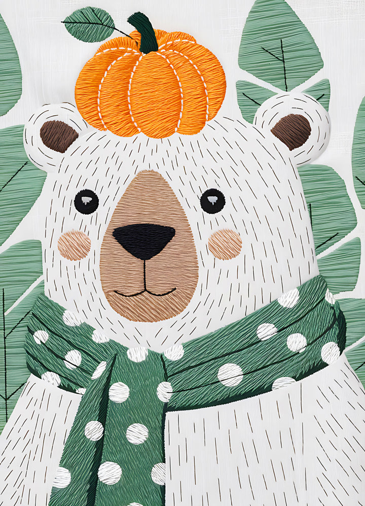 Wadi Home cute white bear with pumpkin hat and green scarf wall art for kids' room