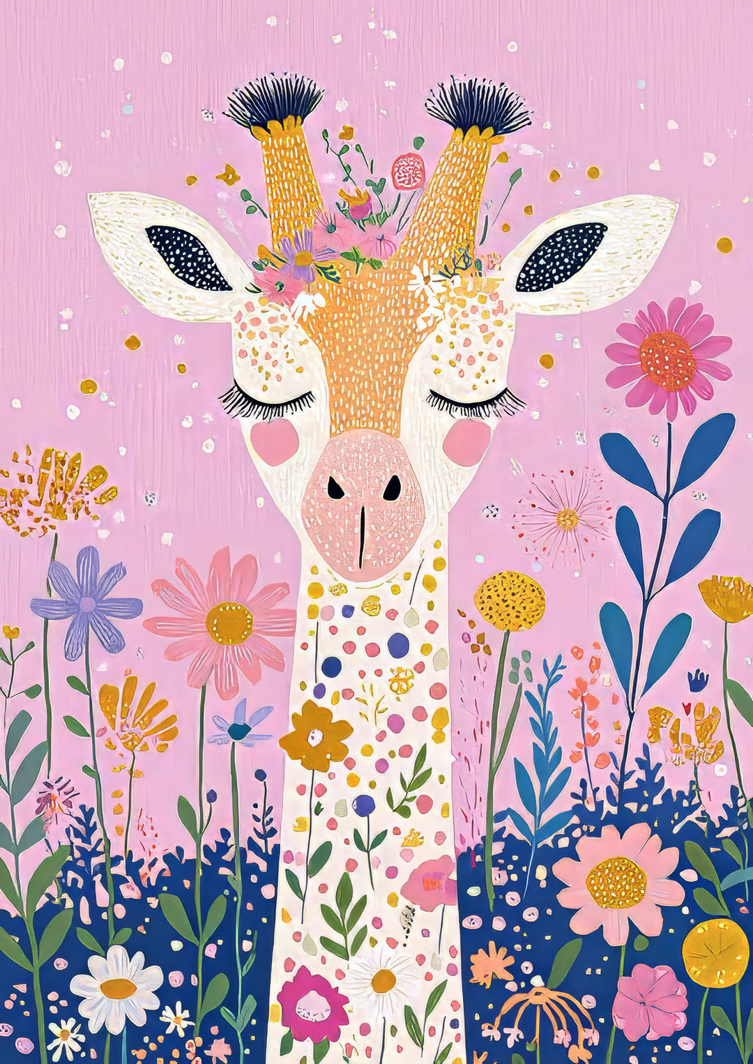 Wadi Home whimsical giraffe with floral crown on pink background, nursery art.