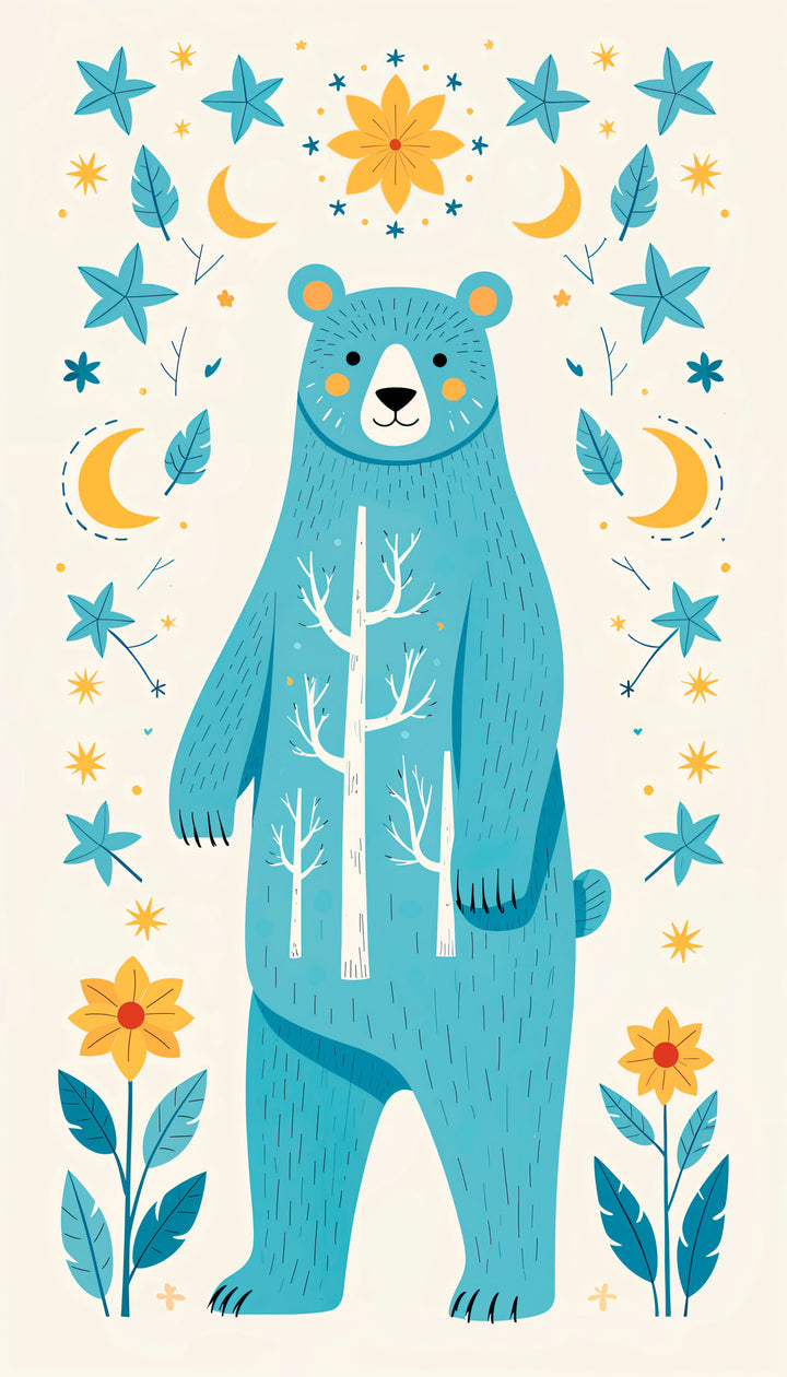Wadi Home whimsical blue bear surrounded by stars, moons, and flowers nursery art. Folk art style, vibrant colors.