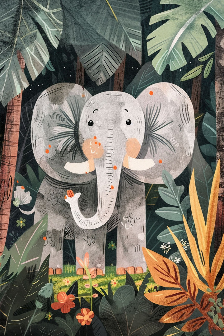 Wadi Home Jungle Elephant Wall Art featuring a friendly grey elephant amidst lush green jungle foliage and colorful flowers. Perfect for a child's room.