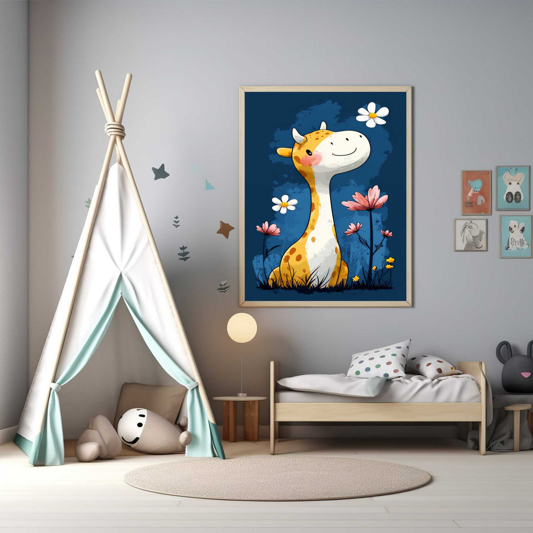 Cute Giraffe With Flowers Wall Art