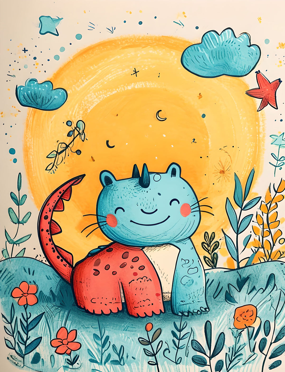 Wadi Home whimsical blue and red dinosaur under a bright sun with clouds and flowers, watercolor style wall art for kids' rooms.