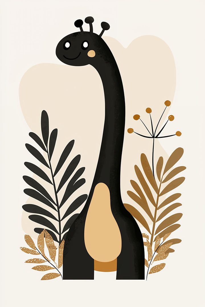 Wadi Home whimsical giraffe nursery wall art with black, beige, and muted gold abstract foliage.