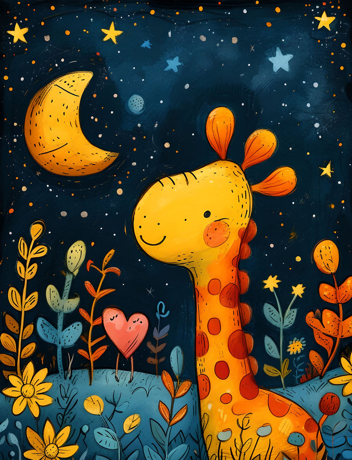 Wadi Home Whimsical Giraffe Under the Moon Nursery Art. A friendly giraffe gazes at a crescent moon and starry sky in this vibrant artwork.