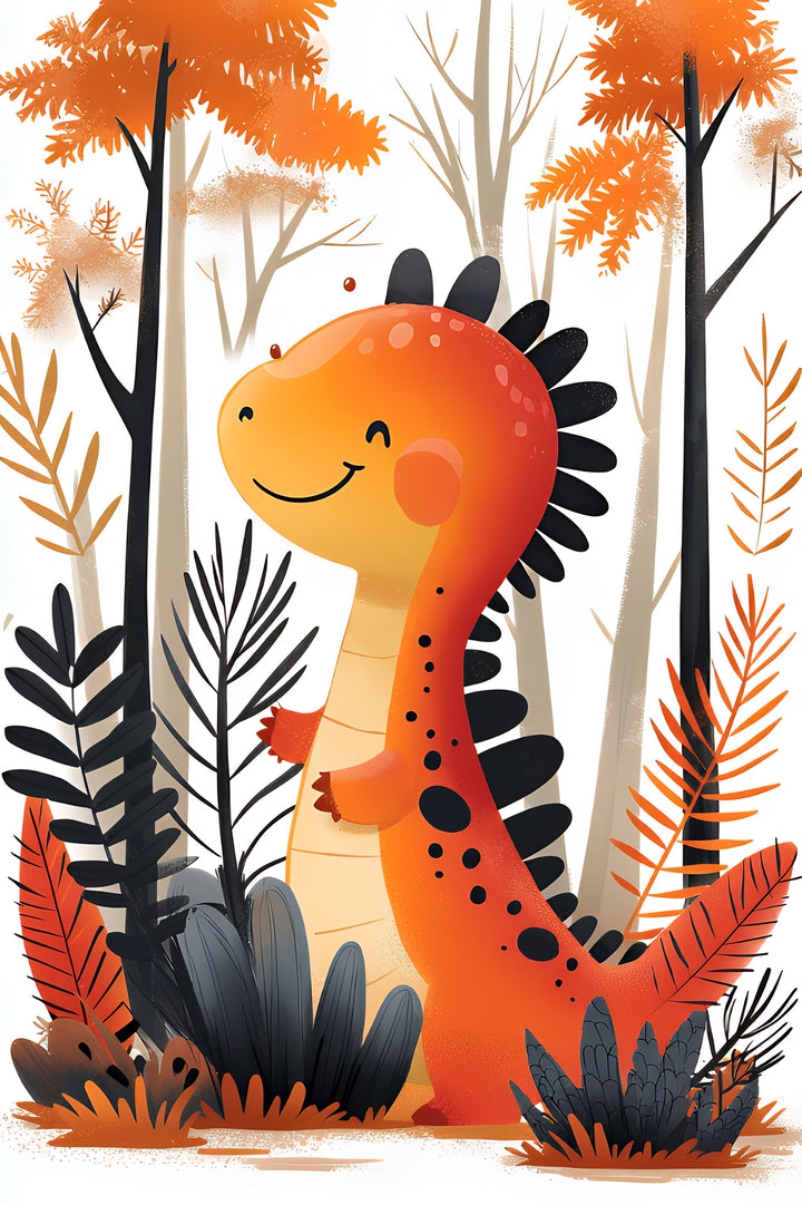 Wadi Home orange dinosaur art for nursery, featuring a friendly cartoon dinosaur in a forest setting with orange and black foliage.