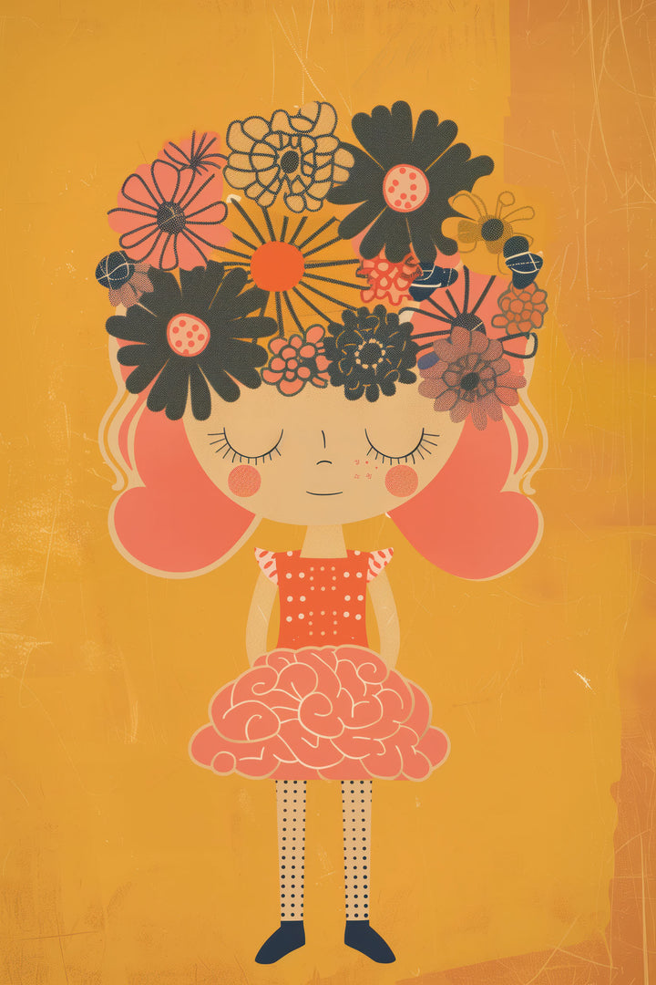 Wadi Home whimsical girl with floral headdress wall art, orange background, pink hair, orange dress, black shoes.