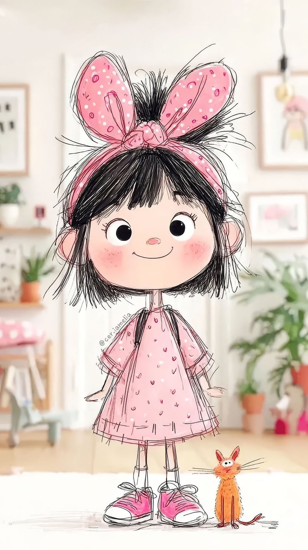 Wadi Home cartoon girl with pink bow and orange cat, pink dress, sketch style, nursery wall art.