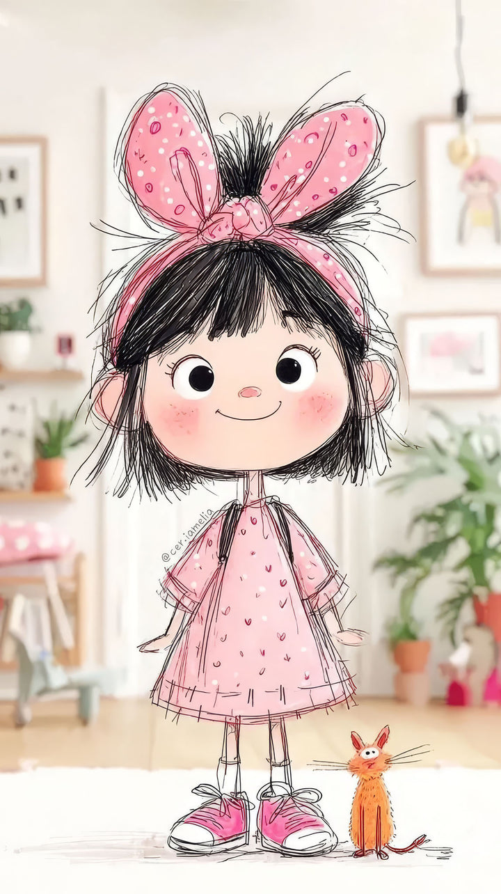 Wadi Home cartoon girl with pink bow and orange cat, pink dress, sketch style, nursery wall art.