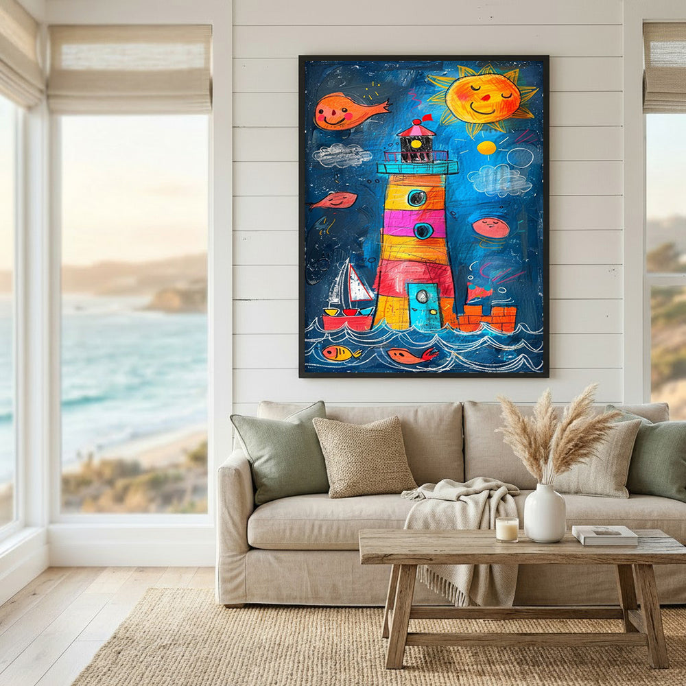 Wadi Home whimsical lighthouse and sailboat artwork for kids room. Features colorful lighthouse, sun, fish, and sailboat on blue sea.