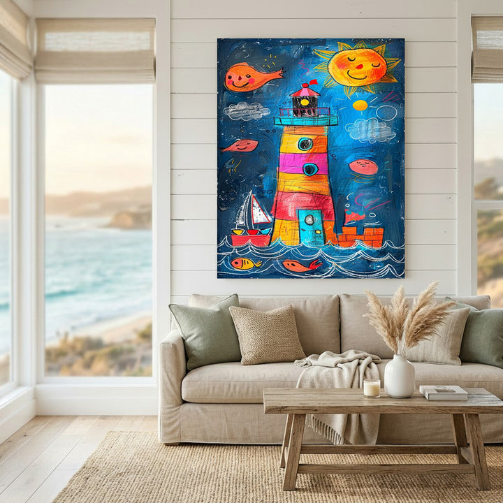 Wadi Home whimsical artwork of a colorful lighthouse, sailboat, sun, and fish on a blue sea, crayon-style, for a child's room.