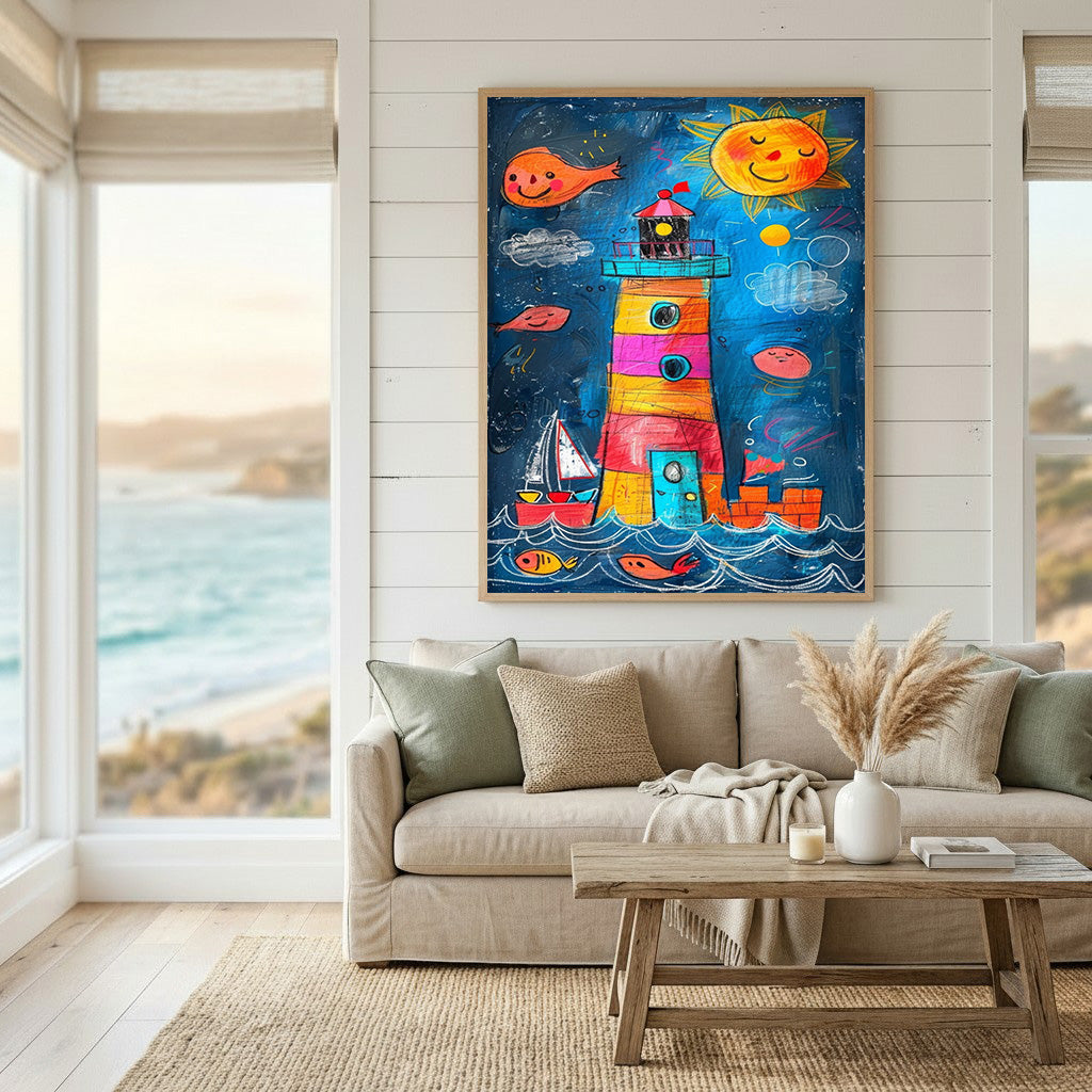 Wadi Home whimsical lighthouse and sailing boat artwork for a child's room. Features colorful lighthouse, sun, fish, and sailboat on wavy seas in a crayon-like style.