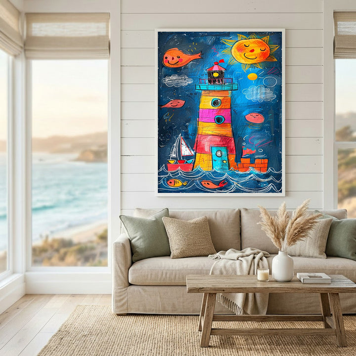 Wadi Home whimsical artwork of a colorful lighthouse, sailboat, sun, and fish in a crayon-like style, perfect for a child's room.
