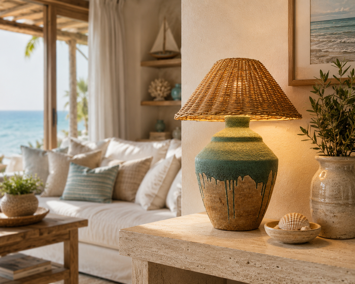 Rustic Woven Rattan Ceramic Table Lamp