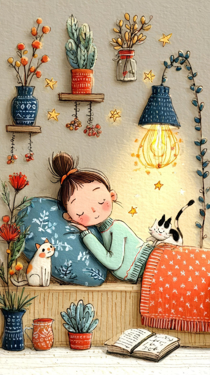 Wadi Home framed wall art of a girl sleeping with cats, surrounded by plants and a bedside lamp.