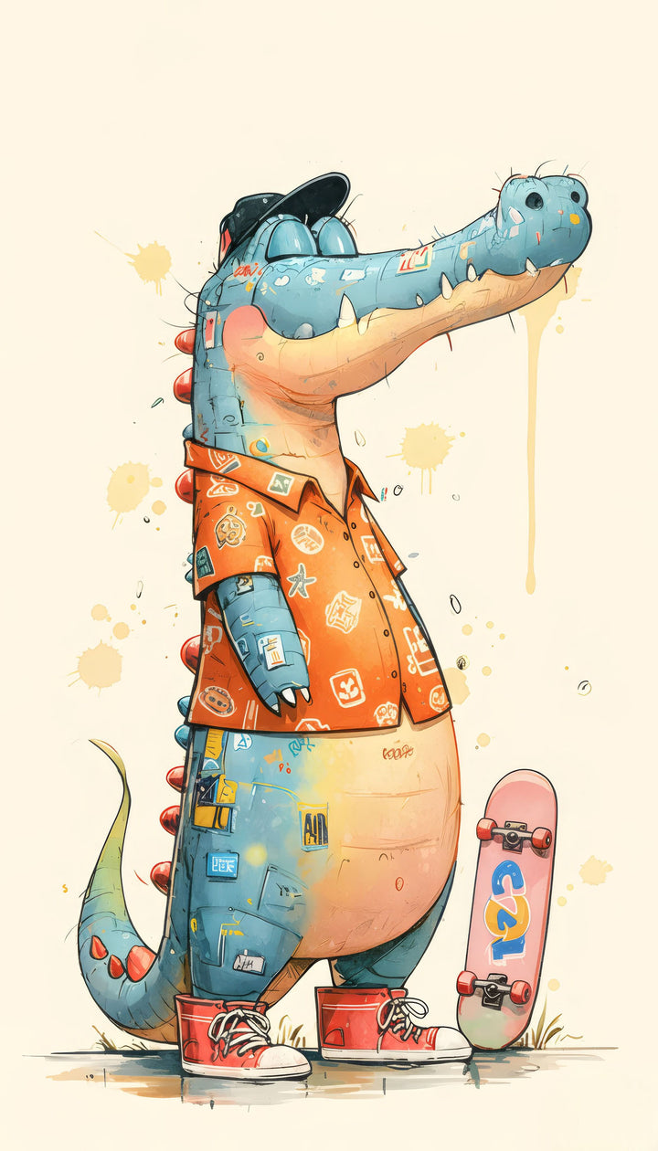 Wadi Home cartoon alligator wearing a hat and orange shirt, standing with a skateboard. Vibrant print for kids' rooms.