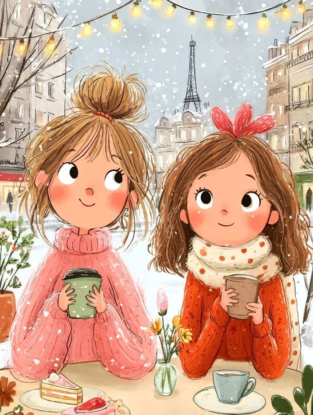Wadi Home artwork of two girls in pink and orange sweaters enjoying hot drinks in Paris with Eiffel Tower in background.