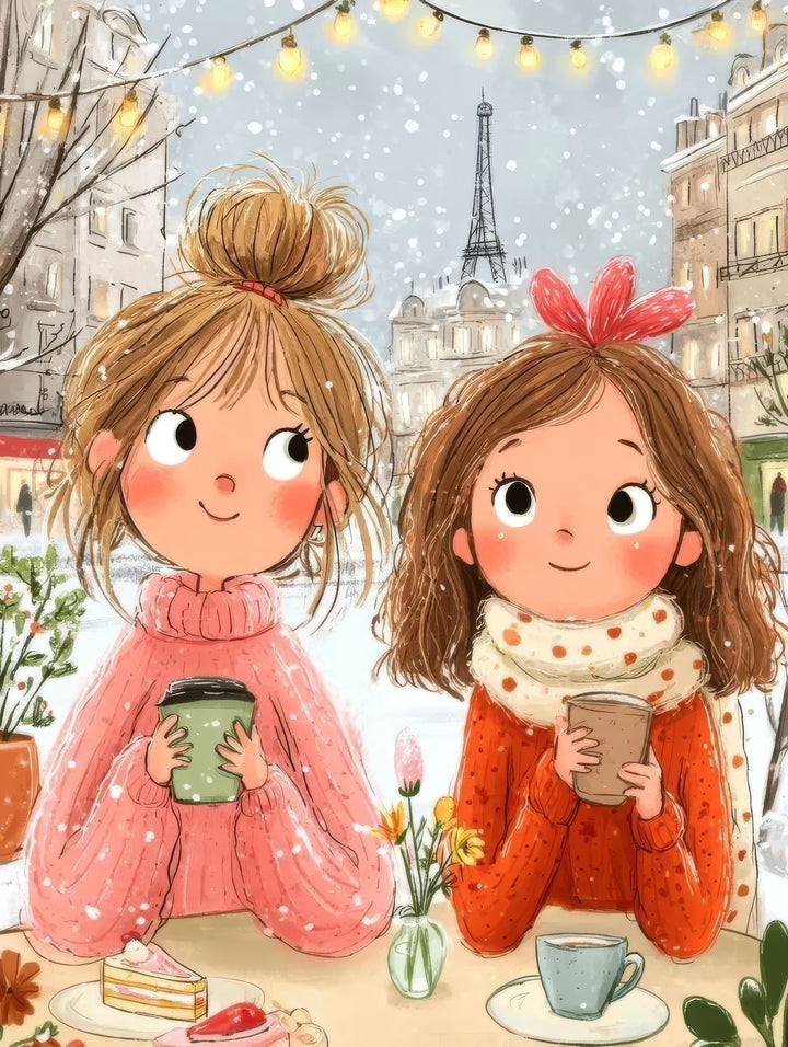 Wadi Home artwork of two girls in pink and orange sweaters enjoying hot drinks in Paris with Eiffel Tower in background.