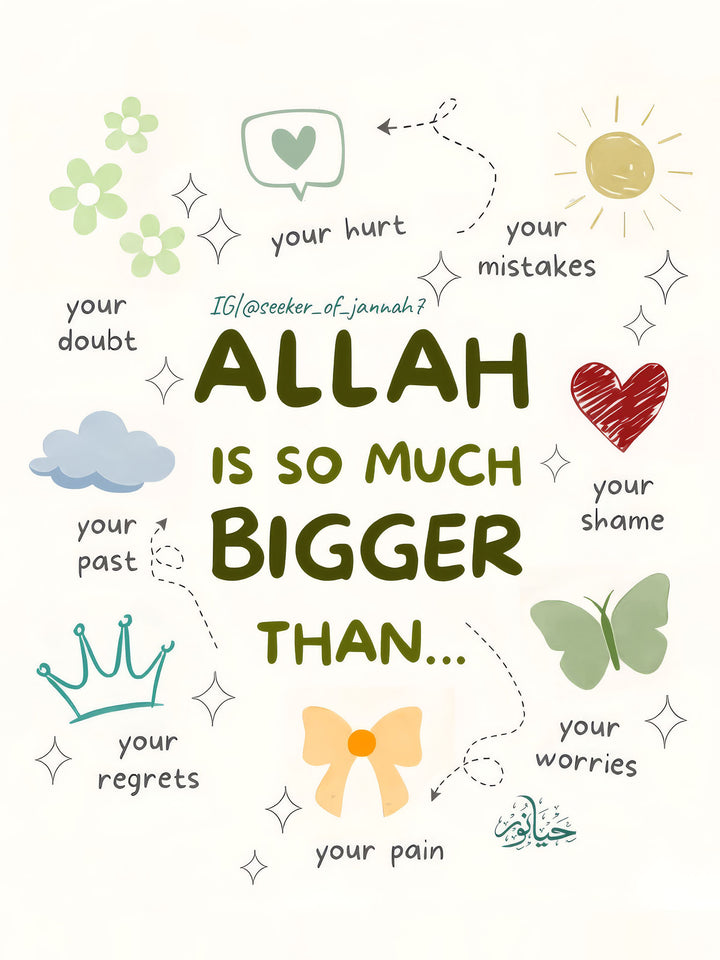 Wadi Home Islamic wall art with text Allah is so much bigger than your worries, doubts, past, regrets, pain, hurt, mistakes, shame, and worries. Features cute illustrations.
