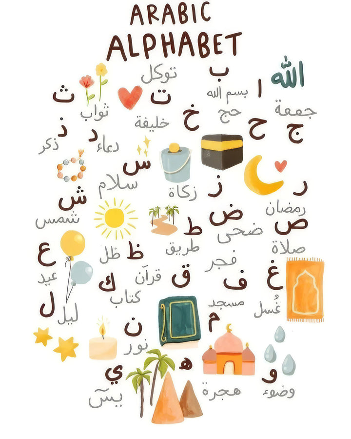 Wadi Home Arabic Alphabet educational poster with colorful illustrations and Arabic letters, perfect for children's rooms.