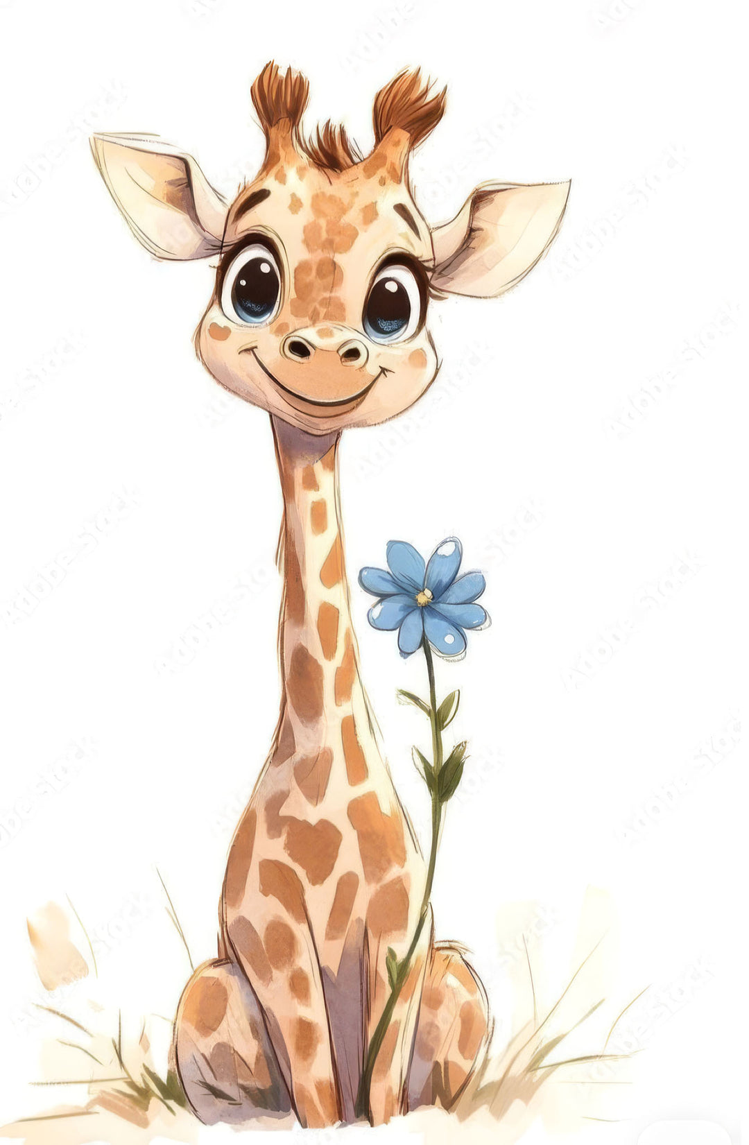 Wadi Home cute baby giraffe with blue flower watercolor art for nursery.