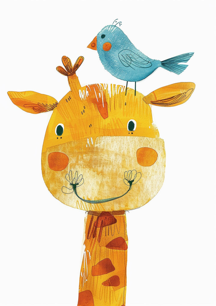 Wadi Home Whimsical giraffe with bluebird on head, textured, vibrant orange and yellow, nursery art.
