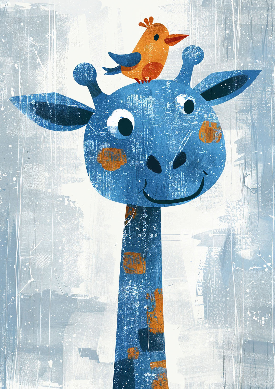 Wadi Home blue giraffe with orange bird nursery art. Textured abstract background in soft blues and grays.