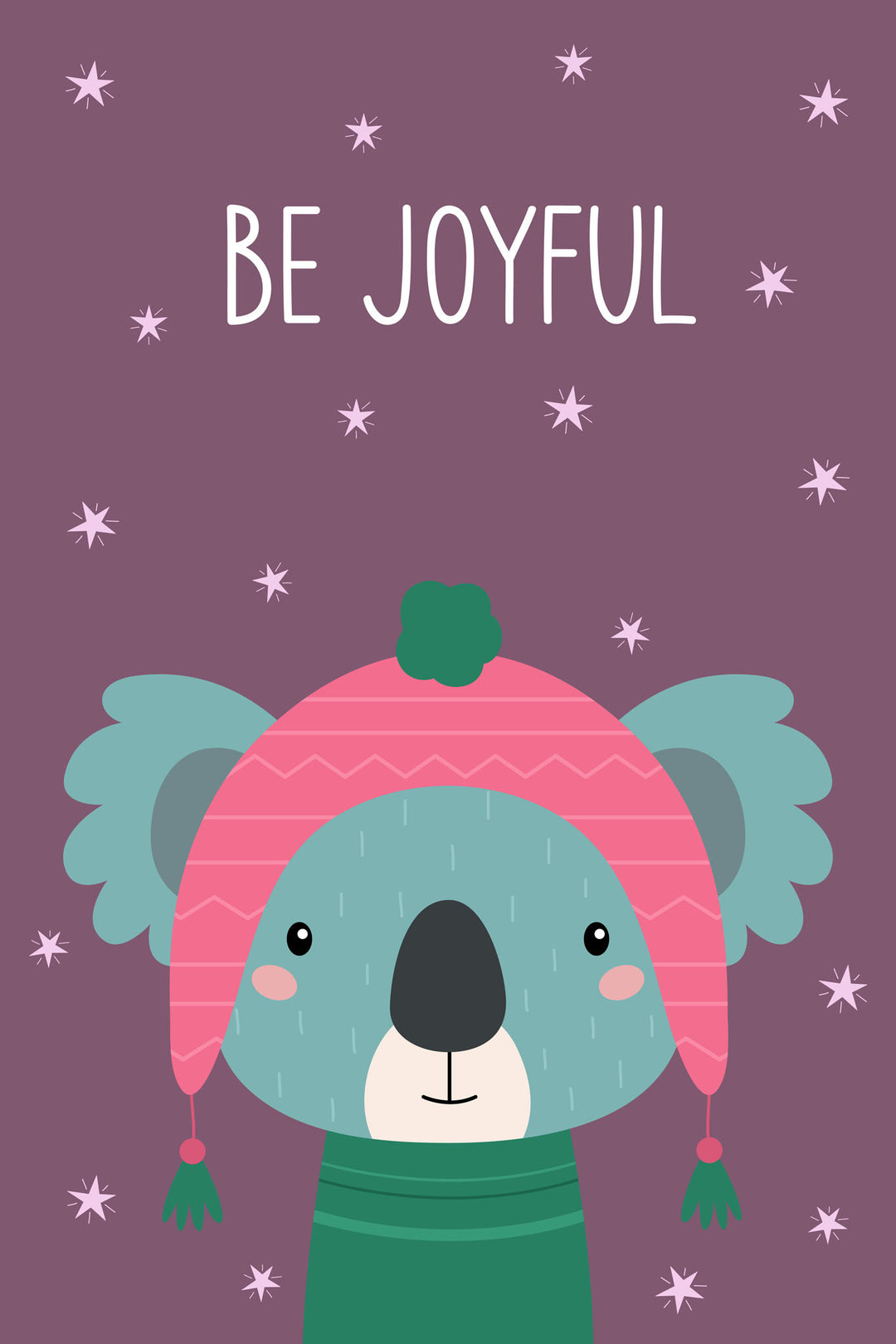 Wadi Home 'Be Joyful' koala nursery art with pink hat and green sweater on purple background with stars.