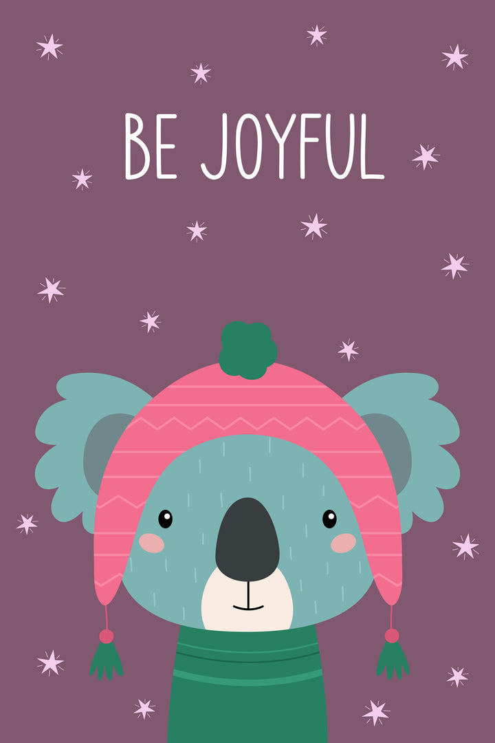 Wadi Home 'Be Joyful' koala nursery art with pink hat and green sweater on purple background with stars.