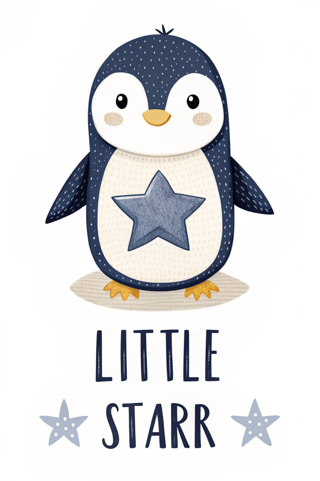 Wadi Home cute penguin with blue star nursery art print, featuring text 'LITTLE STARR' and blue stars.