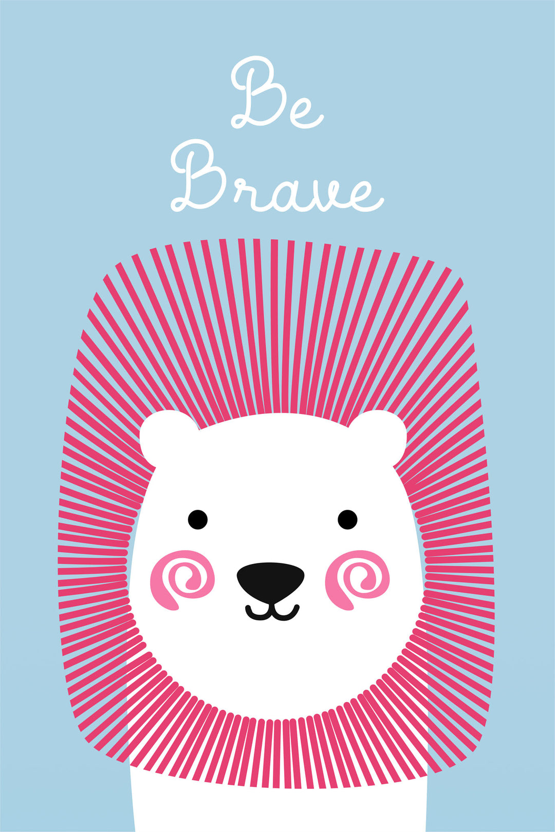 Wadi Home Be Brave Lion Nursery Art with pink mane on blue background, inspiring courage for a child's room.
