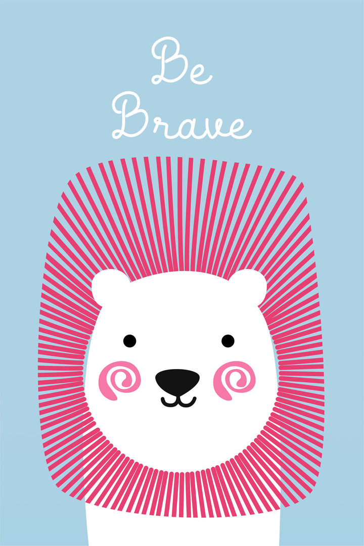 Wadi Home Be Brave Lion Nursery Art with pink mane on blue background, inspiring courage for a child's room.